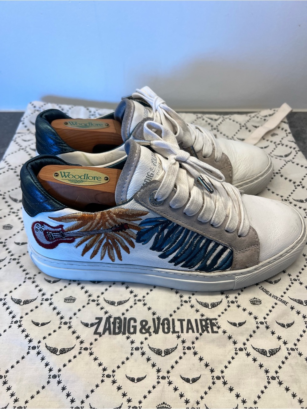 Zadig & Voltaire White Leather Sneakers with Multicolor Embroidery